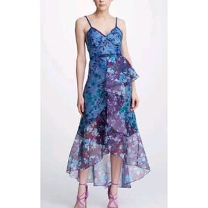 MARCHESA NOTTE Floral Ruffle Organza Asymmetric High Low Midi Maxi Dress Sz 6 (Y